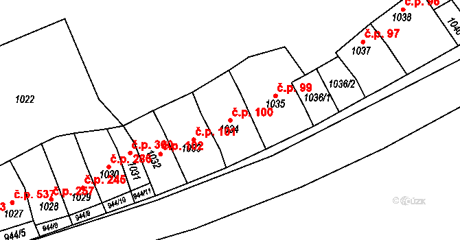 Ivanovice na Hané 100 na parcele st. 1034 v KÚ Ivanovice na Hané, Katastrální mapa