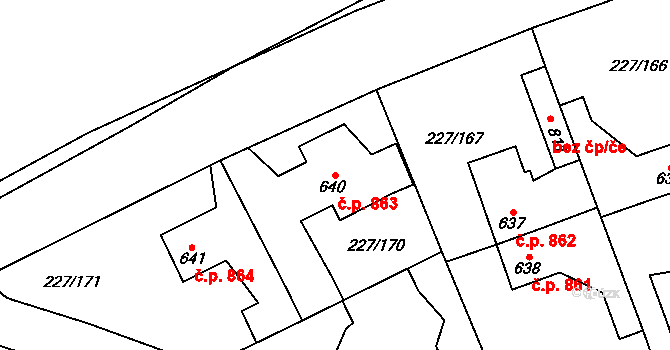 Švermov 863, Kladno na parcele st. 640 v KÚ Hnidousy, Katastrální mapa