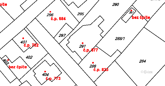 Frýdlant 877 na parcele st. 291 v KÚ Frýdlant, Katastrální mapa