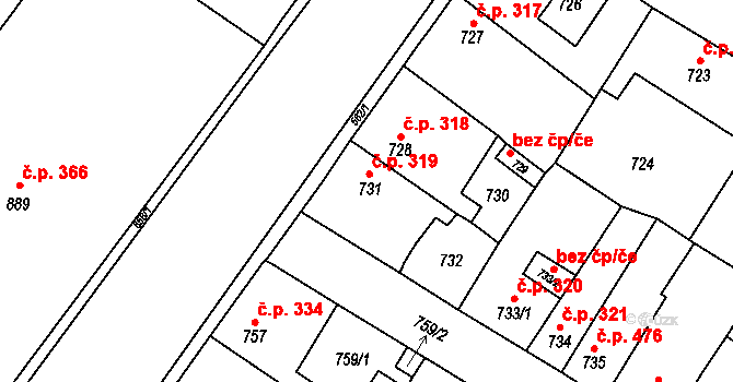 Kosmonosy 319 na parcele st. 731 v KÚ Kosmonosy, Katastrální mapa
