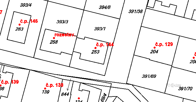 Krabčice 144 na parcele st. 253 v KÚ Krabčice u Roudnice nad Labem, Katastrální mapa