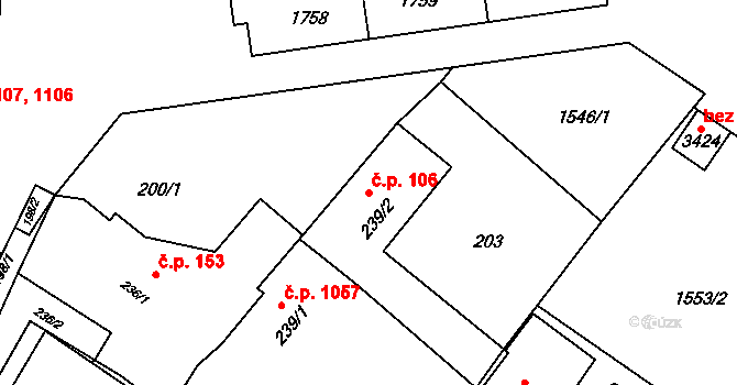 Rožnov pod Radhoštěm 106 na parcele st. 239/2 v KÚ Rožnov pod Radhoštěm, Katastrální mapa