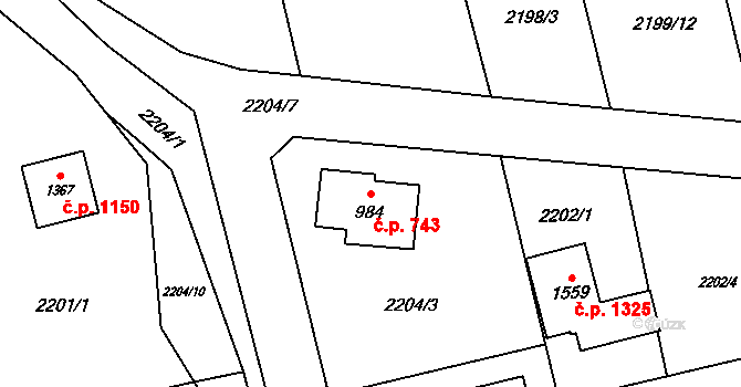 Rožnov pod Radhoštěm 743 na parcele st. 984 v KÚ Rožnov pod Radhoštěm, Katastrální mapa