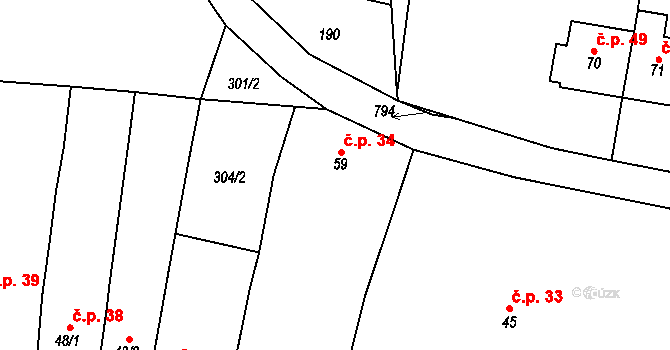 Mužetice 34, Sedlice na parcele st. 59 v KÚ Mužetice, Katastrální mapa