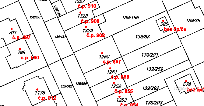 Podklášteří 857, Třebíč na parcele st. 1250 v KÚ Podklášteří, Katastrální mapa