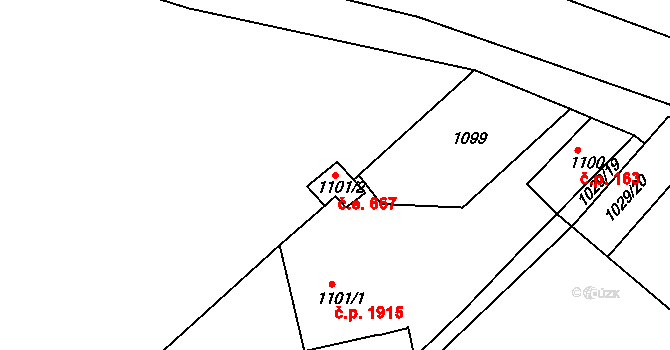 Trnovany 667, Teplice na parcele st. 1101/2 v KÚ Teplice-Trnovany, Katastrální mapa