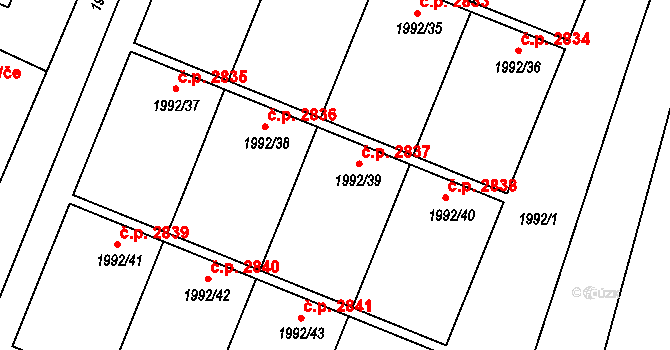 Teplice 2837 na parcele st. 1992/39 v KÚ Teplice, Katastrální mapa