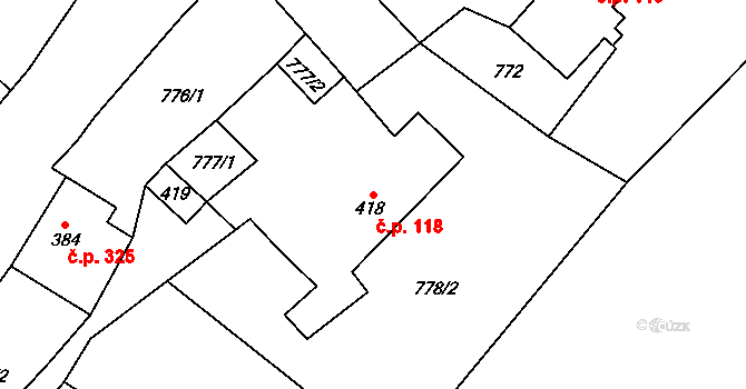 Heřmanovice 118 na parcele st. 418 v KÚ Heřmanovice, Katastrální mapa