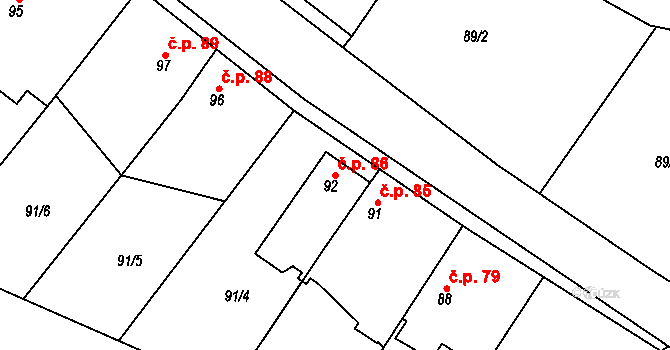 Hradešín 86 na parcele st. 92 v KÚ Hradešín, Katastrální mapa