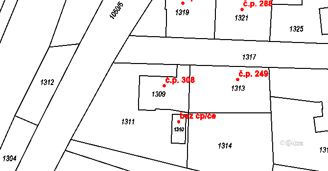 Jablůnka 308 na parcele st. 1309 v KÚ Jablůnka, Katastrální mapa