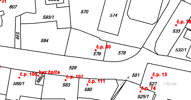 Běchovice 80, Praha na parcele st. 579 v KÚ Běchovice, Katastrální mapa