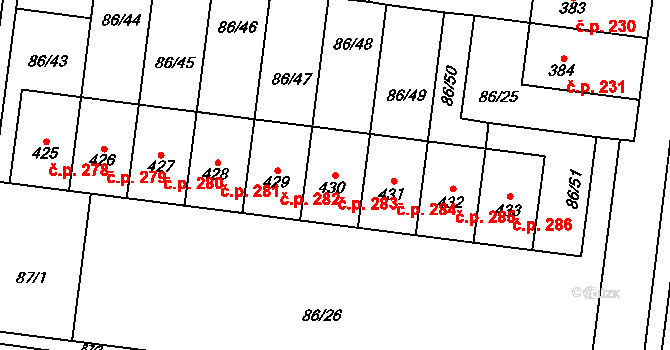Krasice 283, Prostějov na parcele st. 430 v KÚ Krasice, Katastrální mapa