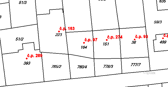 Louky 97, Zlín na parcele st. 164 v KÚ Louky nad Dřevnicí, Katastrální mapa