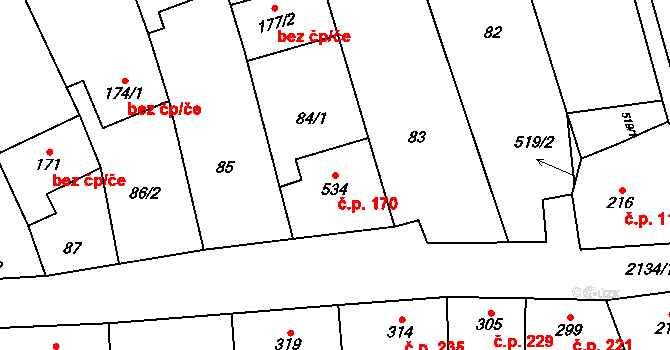 Žeravice 170 na parcele st. 534 v KÚ Žeravice u Kyjova, Katastrální mapa