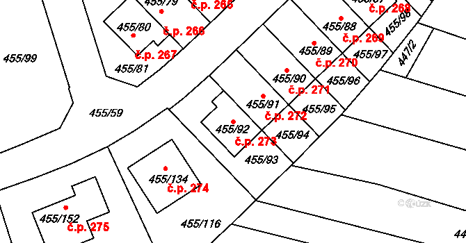 Roudné 273 na parcele st. 455/92 v KÚ Roudné, Katastrální mapa