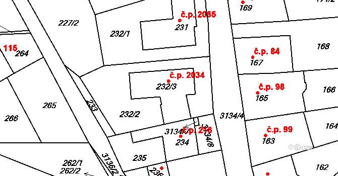 Krč 2034, Praha na parcele st. 232/3 v KÚ Krč, Katastrální mapa