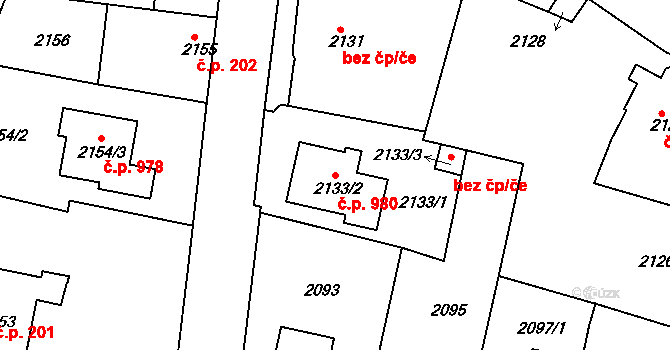 Jemnice 980 na parcele st. 2133/2 v KÚ Jemnice, Katastrální mapa