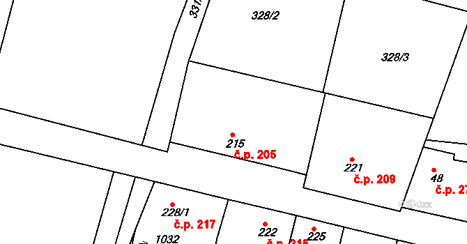 Hýskov 205 na parcele st. 215 v KÚ Hýskov, Katastrální mapa