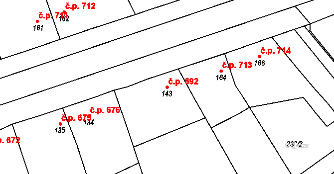 Rudná 692 na parcele st. 143 v KÚ Hořelice, Katastrální mapa