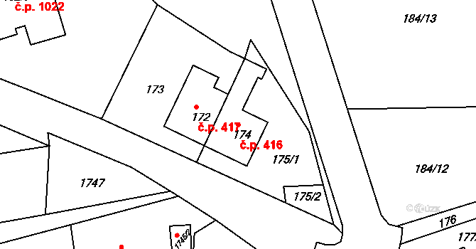 Odry 416 na parcele st. 174 v KÚ Odry, Katastrální mapa