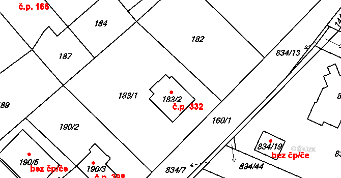 Zruč 332, Zruč-Senec na parcele st. 183/2 v KÚ Zruč, Katastrální mapa