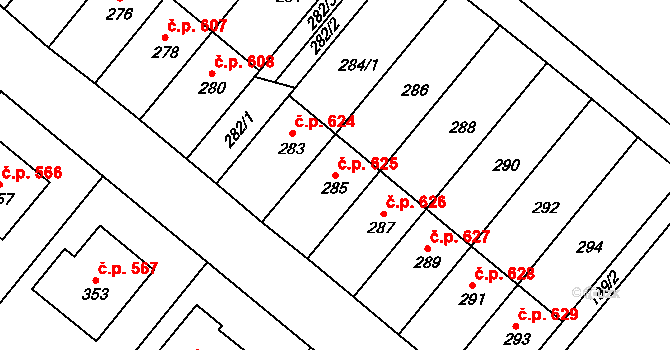 Konice 625 na parcele st. 285 v KÚ Konice, Katastrální mapa