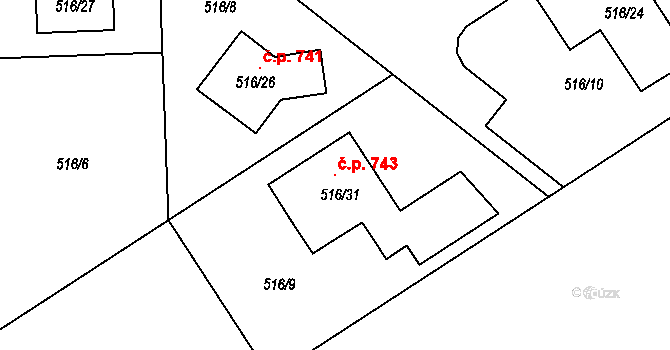 Srubec 743 na parcele st. 516/31 v KÚ Srubec, Katastrální mapa