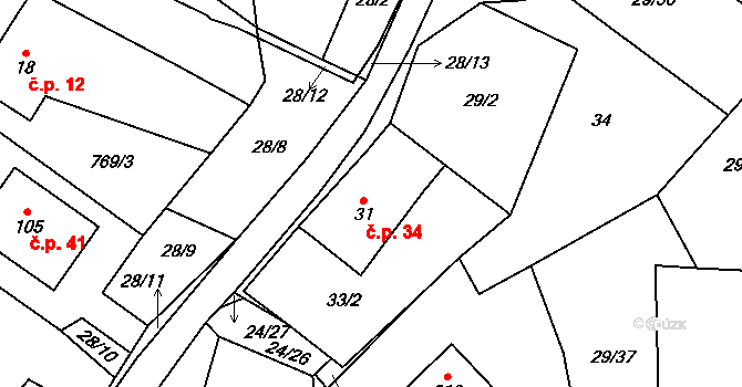 Rounek 34, Vyskytná nad Jihlavou na parcele st. 31 v KÚ Rounek, Katastrální mapa