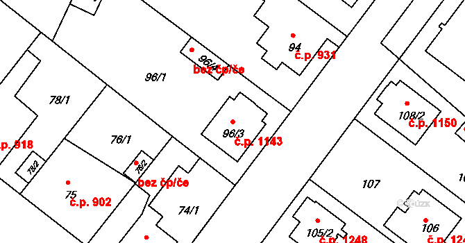 Stará Boleslav 1143, Brandýs nad Labem-Stará Boleslav na parcele st. 96/3 v KÚ Stará Boleslav, Katastrální mapa