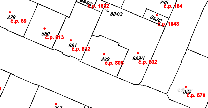 Děčín IV-Podmokly 808, Děčín na parcele st. 882 v KÚ Podmokly, Katastrální mapa