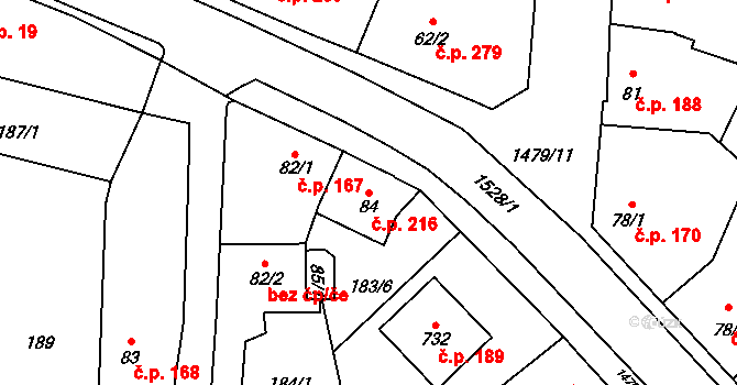 Libáň 216 na parcele st. 84 v KÚ Libáň, Katastrální mapa