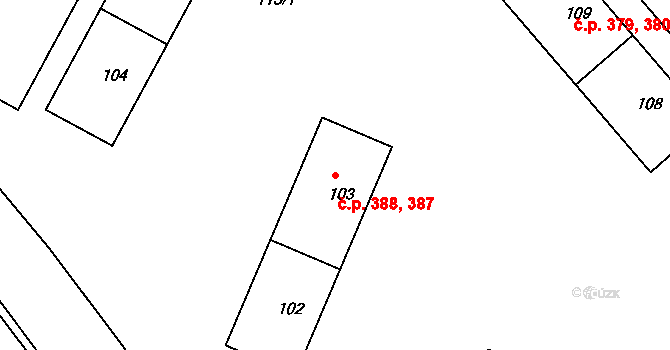 Miřetice u Klášterce nad Ohří 387,388, Klášterec nad Ohří na parcele st. 103 v KÚ Miřetice u Klášterce nad Ohří, Katastrální mapa
