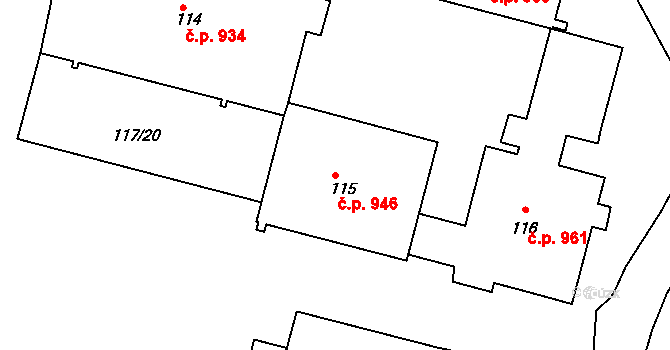 Borovina 946, Třebíč na parcele st. 115 v KÚ Řípov, Katastrální mapa