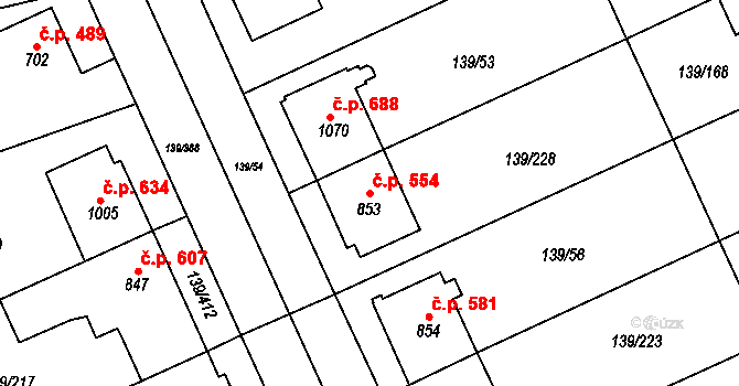 Podklášteří 554, Třebíč na parcele st. 853 v KÚ Podklášteří, Katastrální mapa
