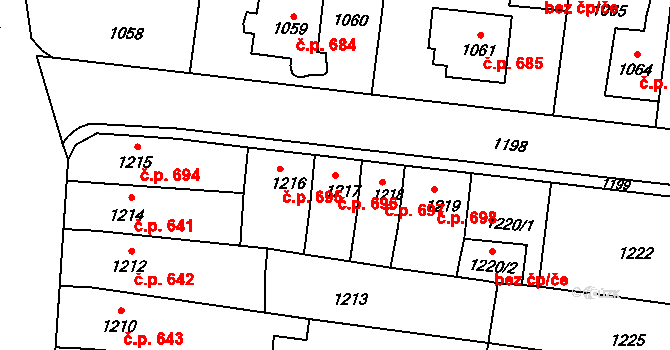 Tuřany 696, Brno na parcele st. 1217 v KÚ Tuřany, Katastrální mapa