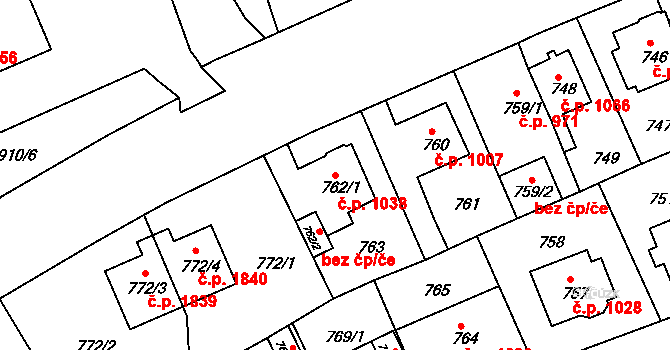 Trnovany 1038, Teplice na parcele st. 762/1 v KÚ Teplice-Trnovany, Katastrální mapa