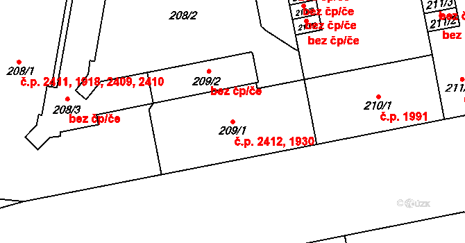 Teplice 1930,2412 na parcele st. 209/1 v KÚ Teplice, Katastrální mapa