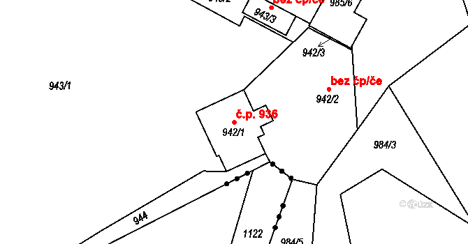 Jablunkov 936 na parcele st. 942/1 v KÚ Jablunkov, Katastrální mapa