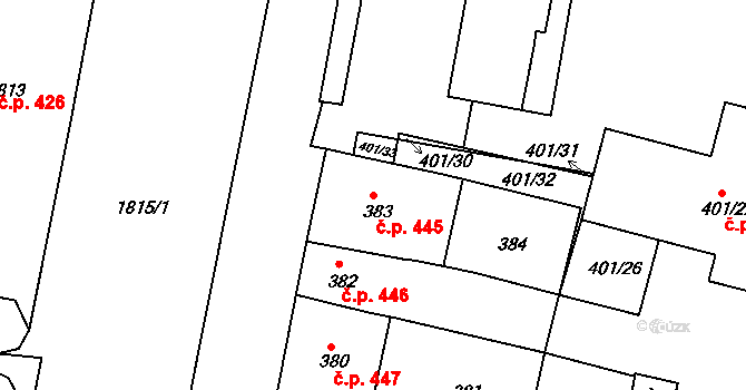 Česká Lípa 445 na parcele st. 383 v KÚ Česká Lípa, Katastrální mapa