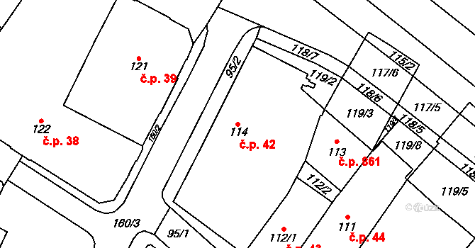 Chomutov 42 na parcele st. 114 v KÚ Chomutov I, Katastrální mapa