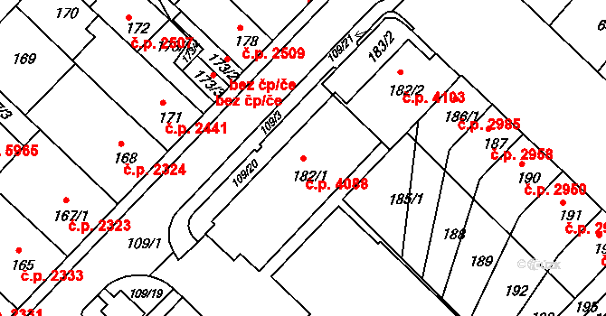 Chomutov 4088 na parcele st. 182/1 v KÚ Chomutov II, Katastrální mapa