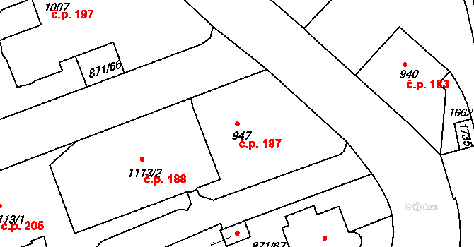 Latrán 187, Český Krumlov na parcele st. 947 v KÚ Český Krumlov, Katastrální mapa