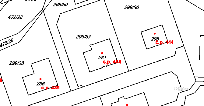 Tuchoměřice 404 na parcele st. 281 v KÚ Kněžívka, Katastrální mapa
