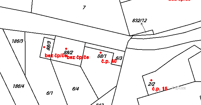 Bor u Chroustovic 40, Rosice na parcele st. 88/1 v KÚ Bor u Chroustovic, Katastrální mapa