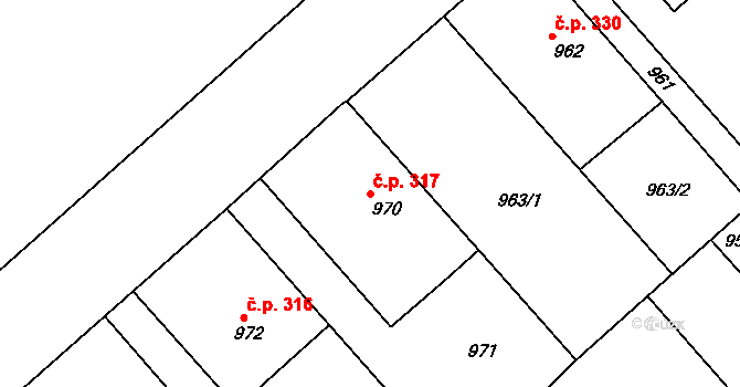 Štípa 317, Zlín na parcele st. 970 v KÚ Štípa, Katastrální mapa
