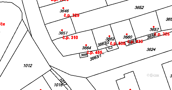 Vlčnov 455 na parcele st. 3664 v KÚ Vlčnov, Katastrální mapa