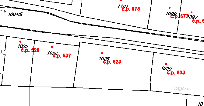 Klobouky u Brna 823 na parcele st. 1025 v KÚ Klobouky u Brna, Katastrální mapa