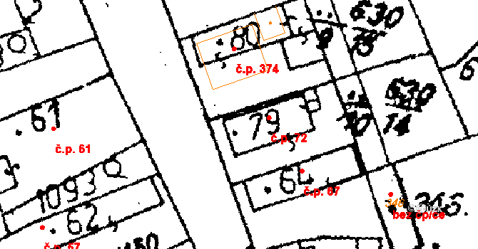 Tři Dvory 72 na parcele st. 79 v KÚ Tři Dvory, Katastrální mapa