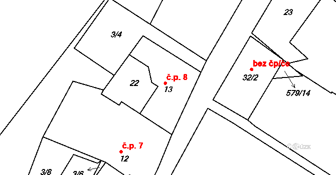 Orasice 8, Počedělice na parcele st. 13 v KÚ Orasice, Katastrální mapa
