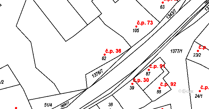 Jestřabice 36, Koryčany na parcele st. 62 v KÚ Jestřabice, Katastrální mapa